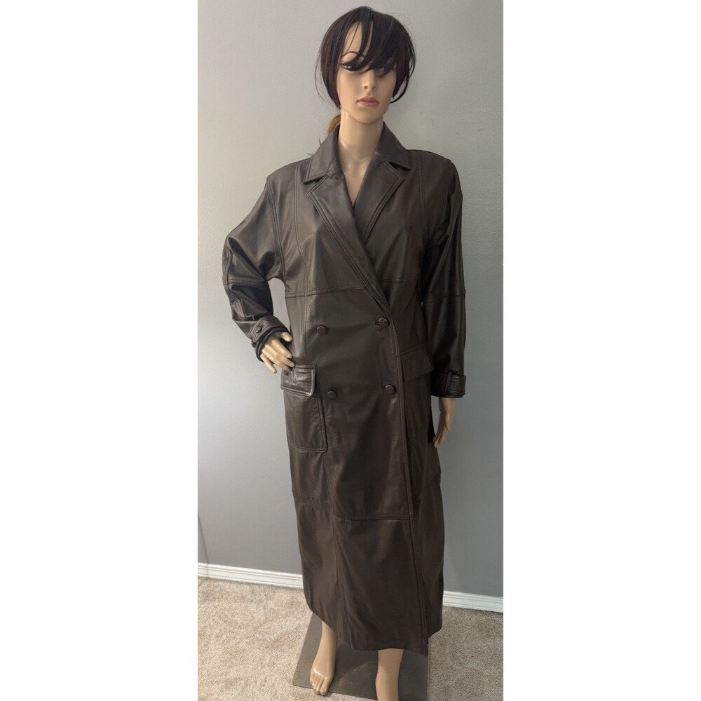 Vintage Together Brown Leather Trench  Double Breast Long Coat Jacket Women Sz 4